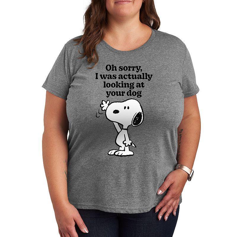 Plus Peanuts Snoopy Looking At Your Dog Graphic Tee, Womens Grey Green Product Image