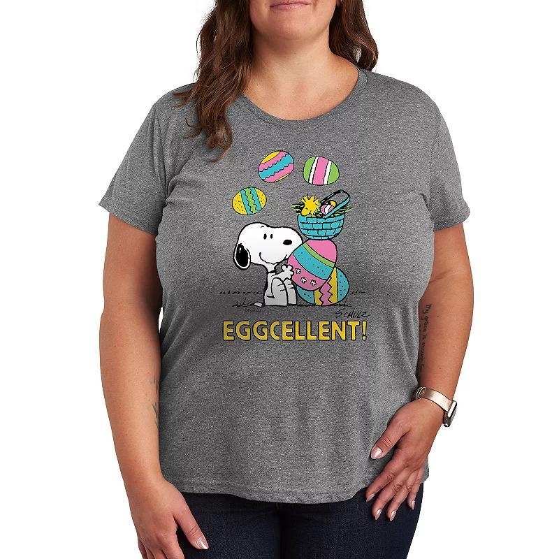 Plus Peanuts Snoopy & Woodstock Eggcellent Graphic Tee, Womens Grey Royal Blue Product Image