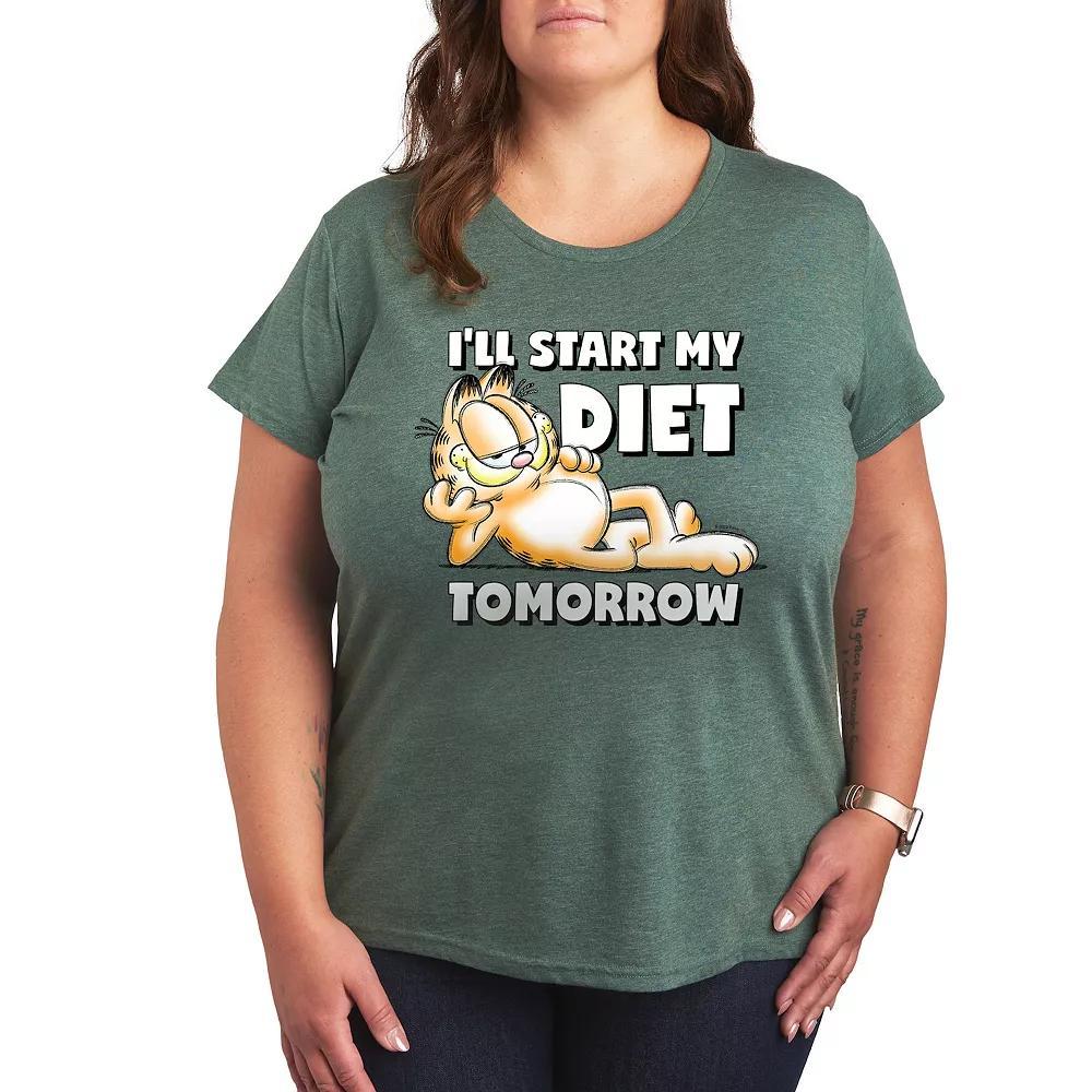 Plus Garfield Diet Tomorrow Graphic Tee, Women's, Size: 1XL, Grey Green Product Image