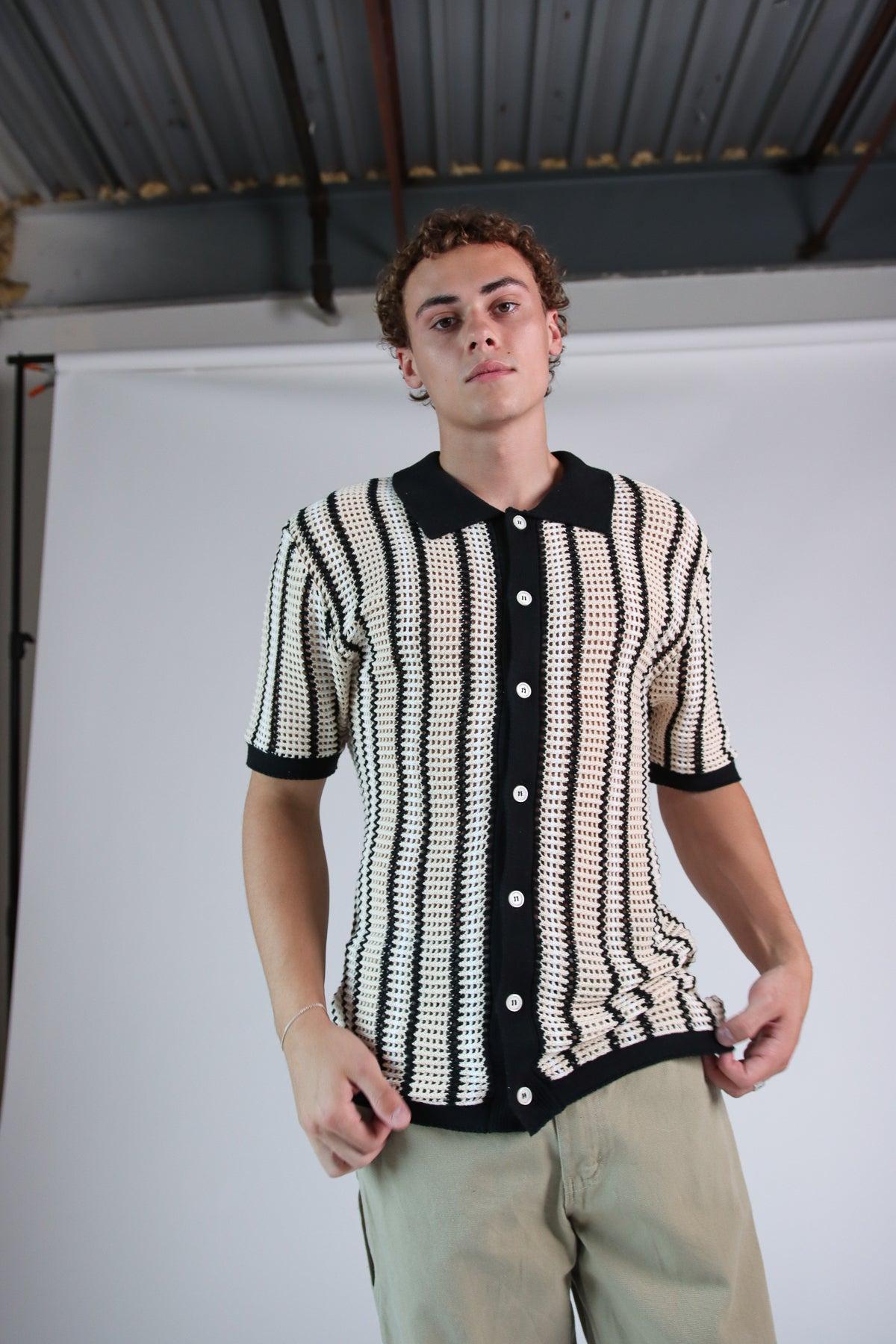 Striped Knit Mesh Button Up Shirt Product Image