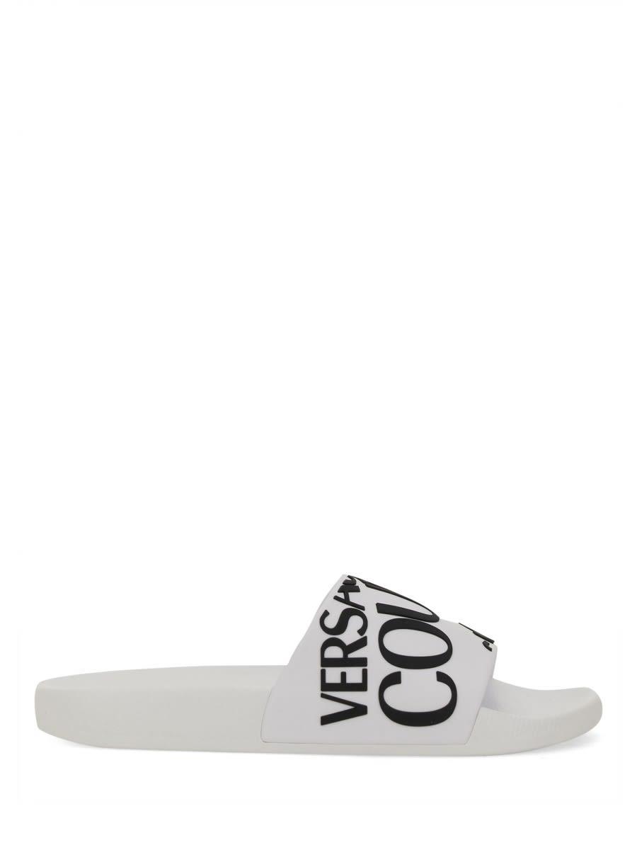 VERSACE JEANS COUTURE Diagonal Logo Flat Slides In White Product Image