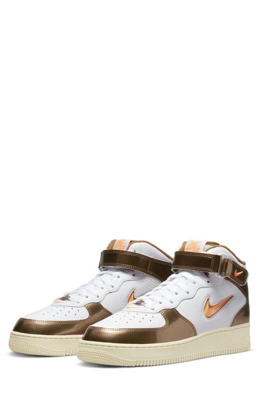 NIKE Air Force 1 Metallic Mid Basketball Sneaker In White/total Orange-ale Brown-beach Product Image