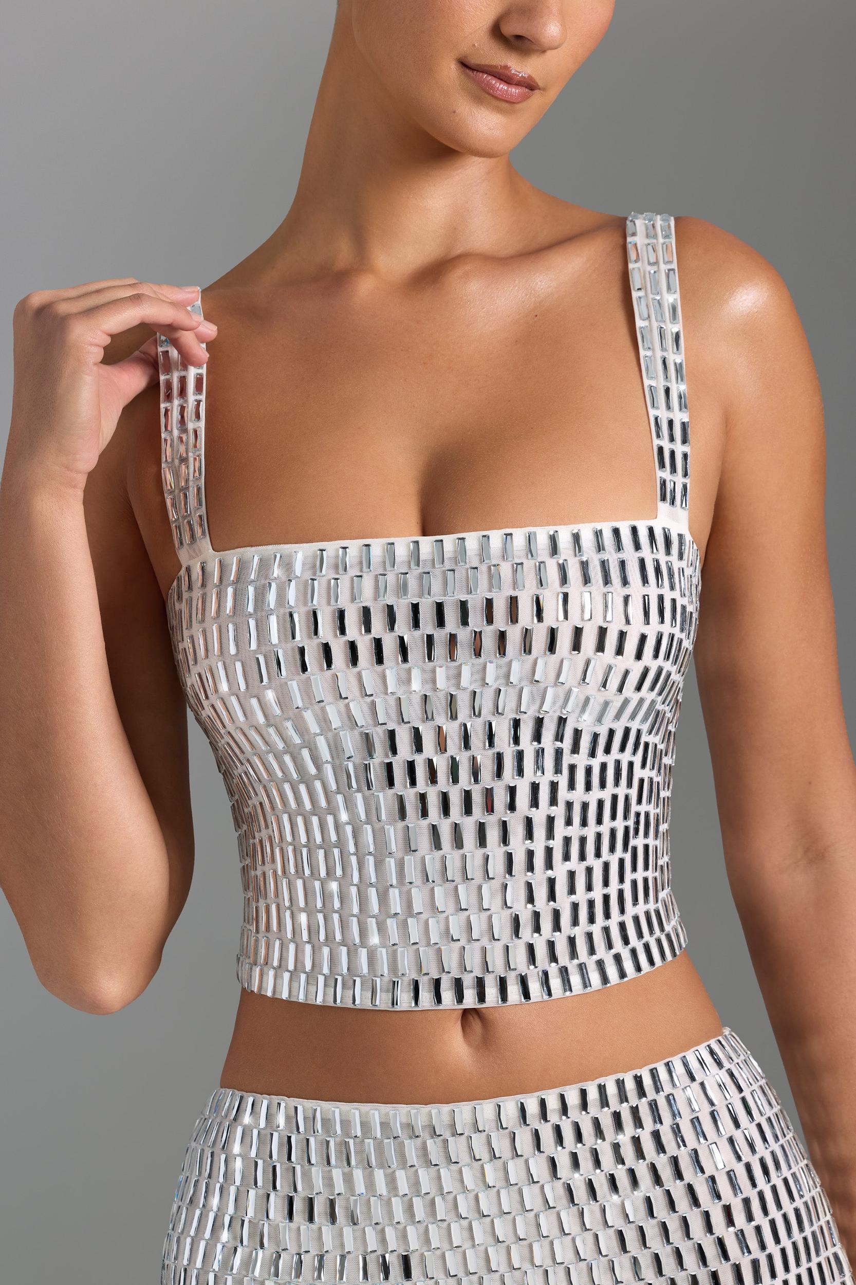 Embellished Square-Neck Top in White Product Image