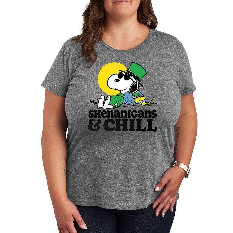 Plus Peanuts Snoopy & Woodstock Shenanigans Chill Graphic Tee, Womens Grey Green Product Image