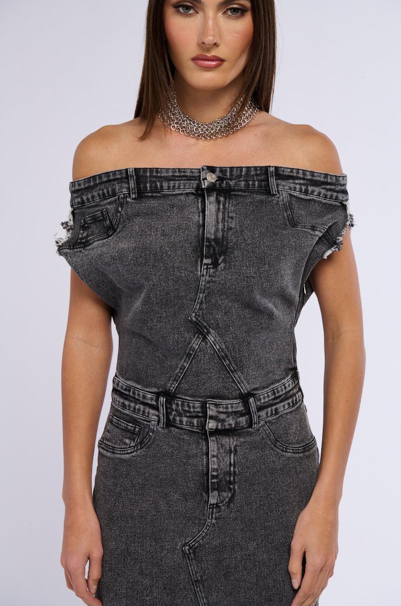 DERRIA OFF THE SHOULDER DENIM MAXI DRESS Product Image