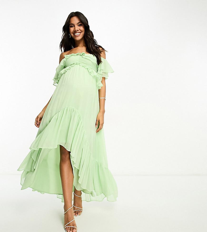 ASOS DESIGN Maternity ruffle cut out off the shoulder maxi dress with hi low hem in sage green Product Image