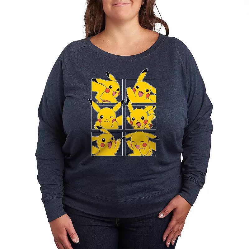 Plus Size Pokemon Pikachu Grid French Terry Long Sleeve Tee, Womens Grey Indigo Product Image
