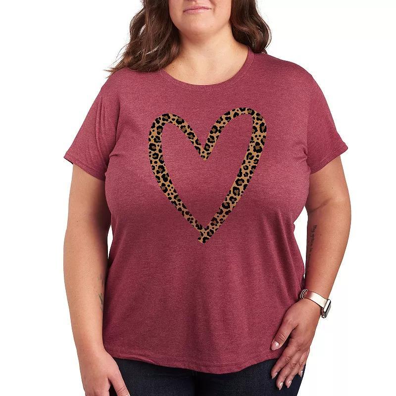 Plus Leopard Print Heart Outline Graphic Tee, Women's, Size: 1XL, Grey Dark Red Product Image