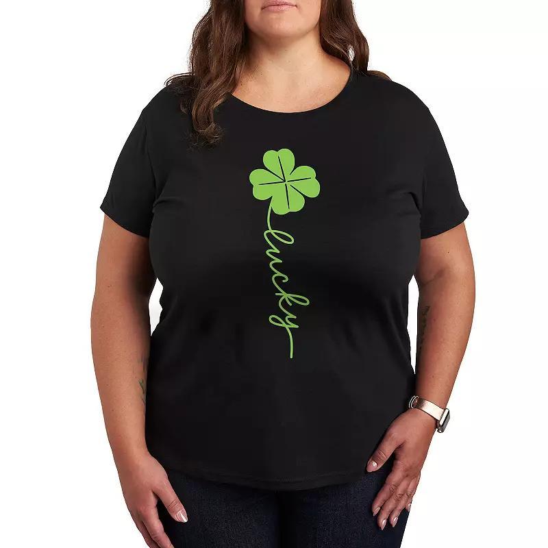 Plus Lucky Script Four Leaf Clover Graphic Tee, Women's, Size: 4XL, Black Product Image