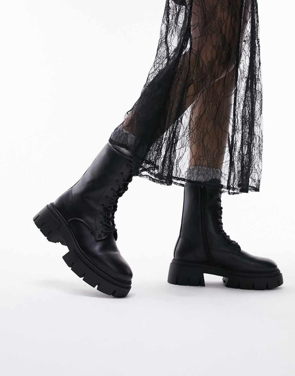 Topshop Wide Fit Lydia chunky lace up boots in black Product Image