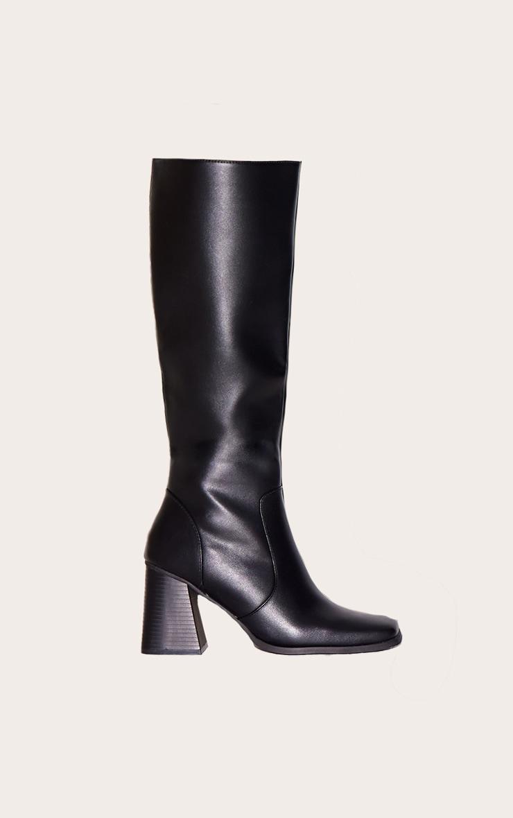 Black Pu Square Toe Block Heel Knee High Boots Product Image