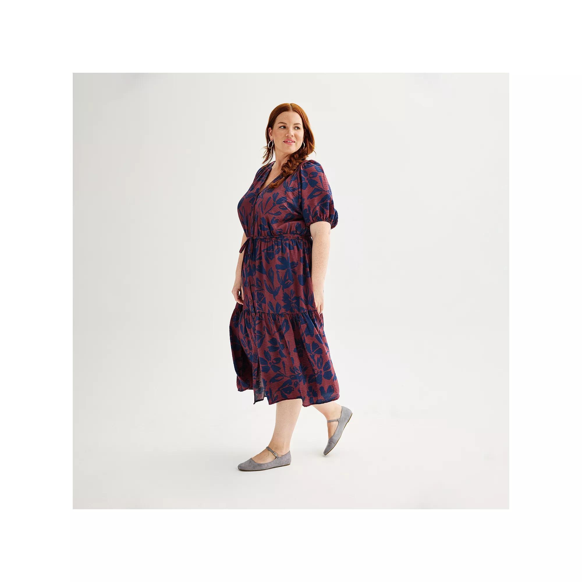 Plus Size Sonoma Goods For Life® Puff Sleeve V-Neck Tiered Midi Dress, Women's, Size: 1XL, Animal Print Product Image