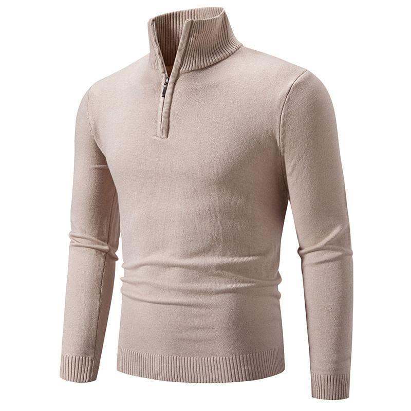 Long-Sleeve Mock Neck Plain Half-Zip Knit Top Product Image