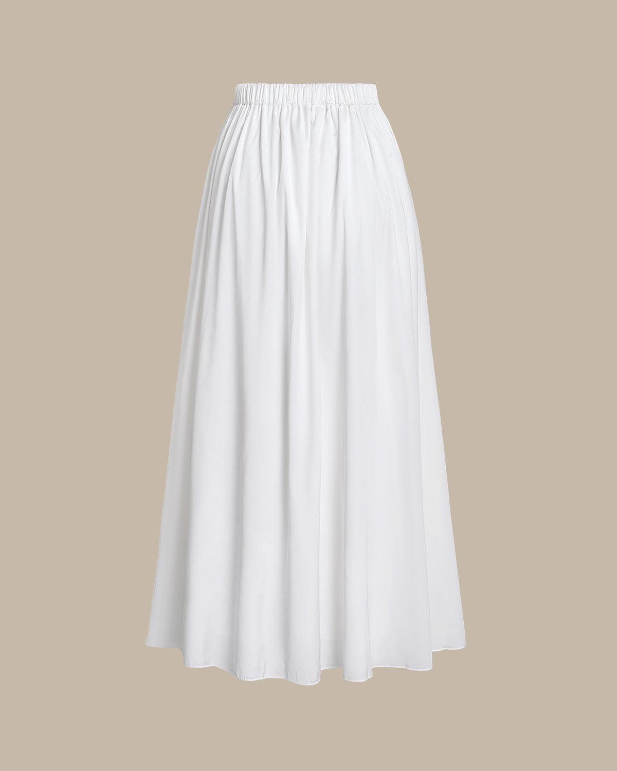 White High Waisted Elastic Waist Midi Skirt Product Image
