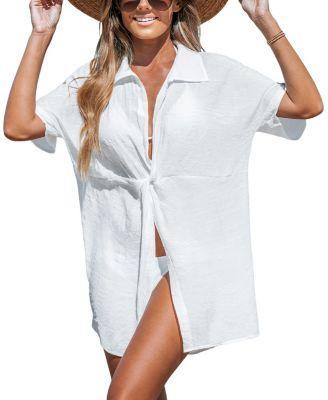 Cupshe Womens White Plunging Collared Neck Twist Cover-Up Beach Dress Product Image