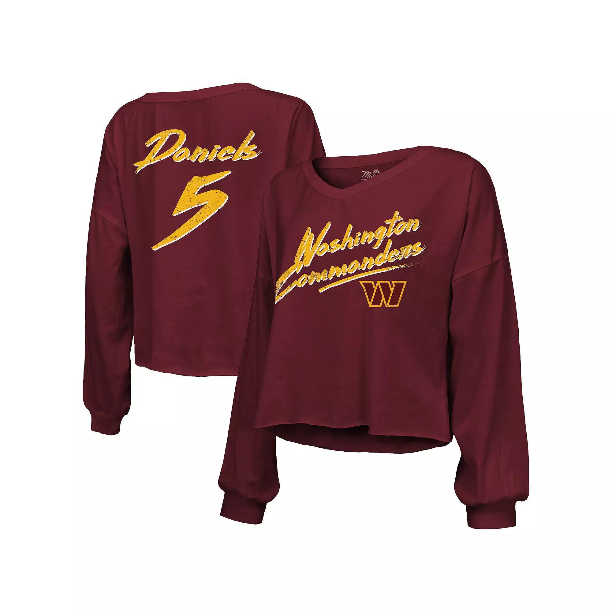 Women's Majestic Threads Jayden Daniels Burgundy Washington Commanders Off-Shoulder Script Player Name & Number Cropped Long Sleeve V-Neck T-Shirt, Size: Medium, Wft Med Re Product Image