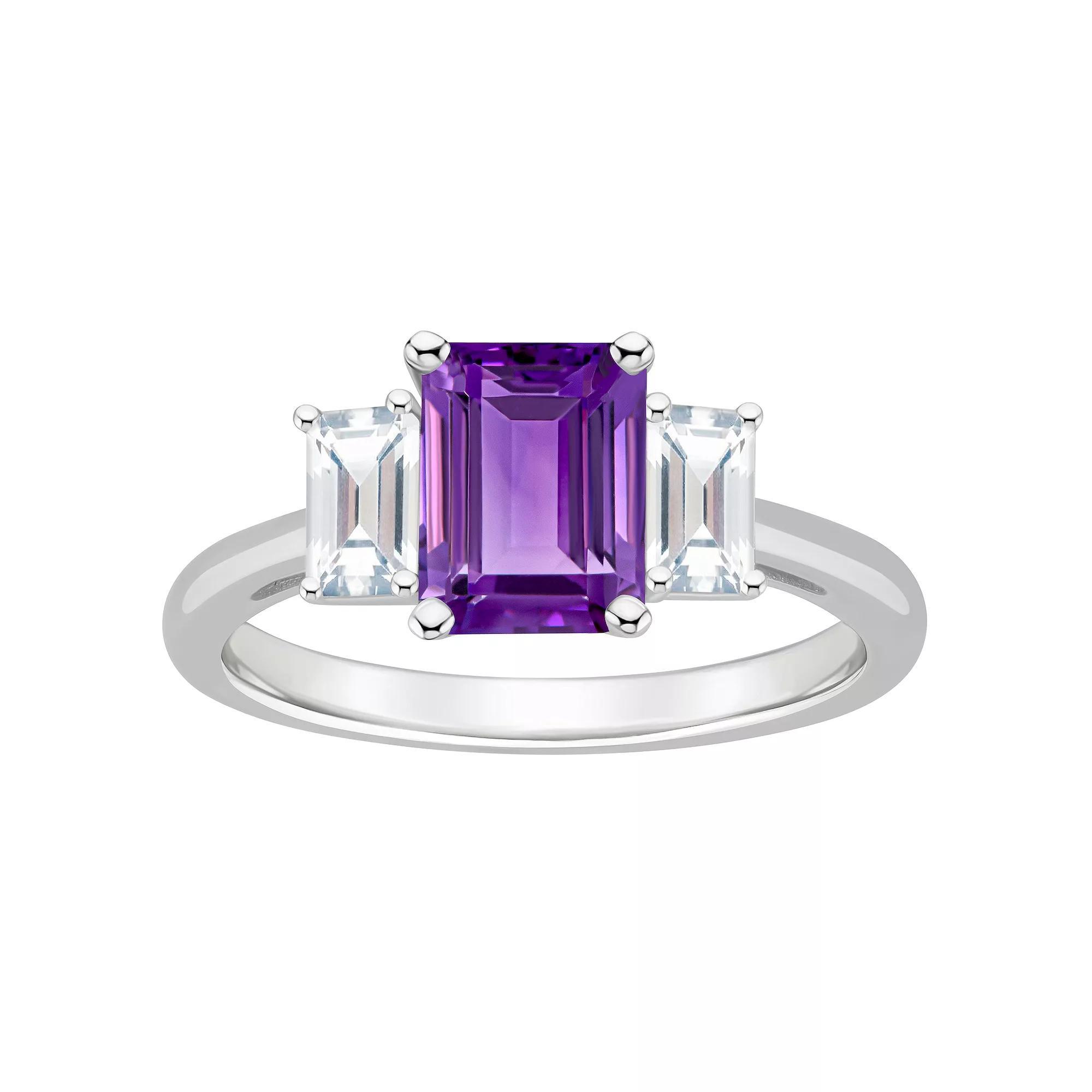 Alyson Layne Sterling Silver 8 mm x 6 mm Emerald Cut Gemstone & White Topaz Three-Stone Ring, Women's, Size: 10, Purple Product Image