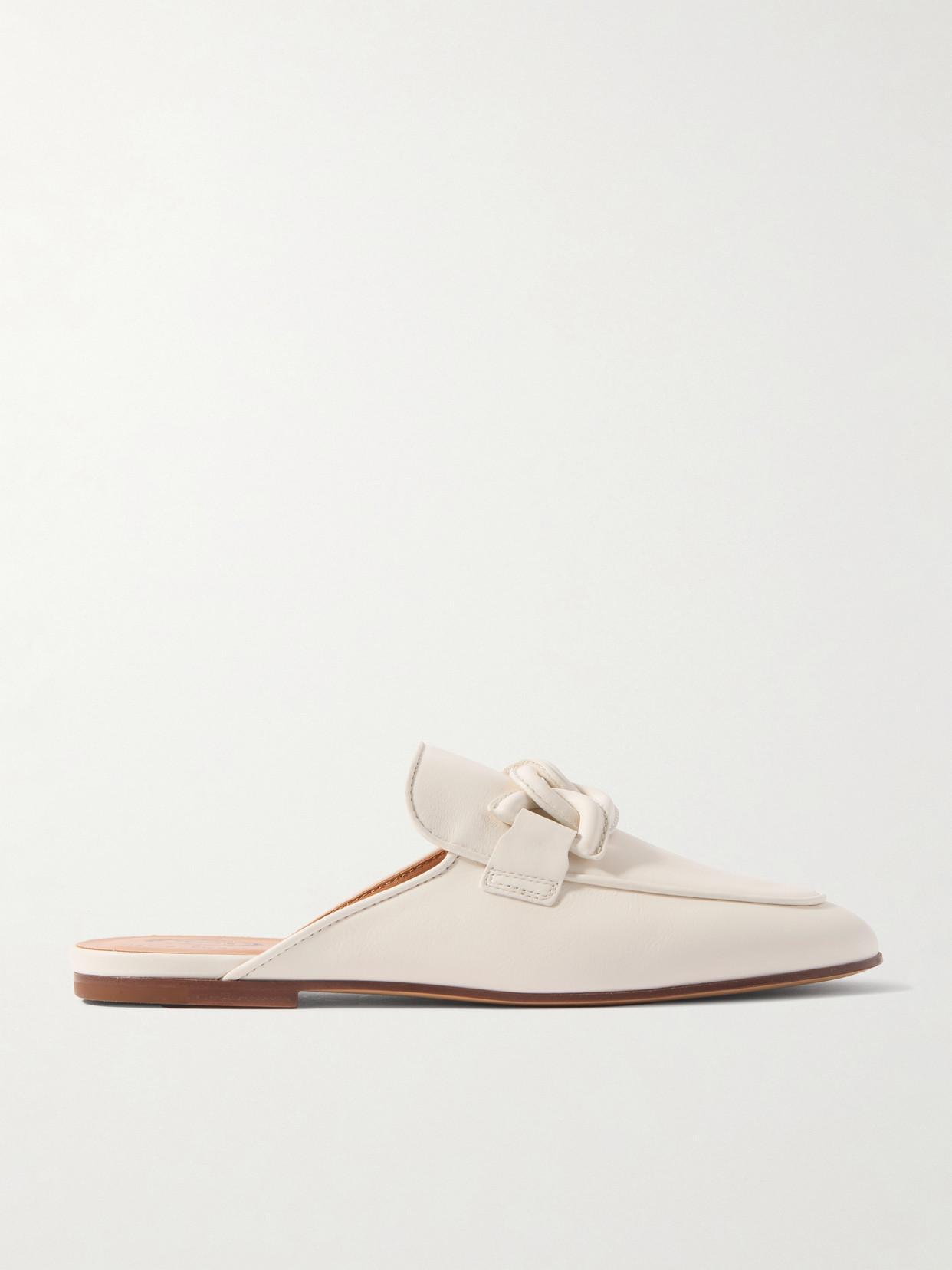 TOD'S Embellished Leather Slippers In Cream Product Image