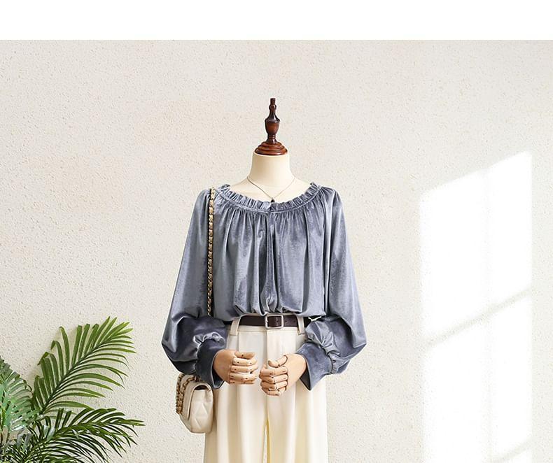 Balloon Sleeve Crew Neck Frill Velvet Blouse Product Image