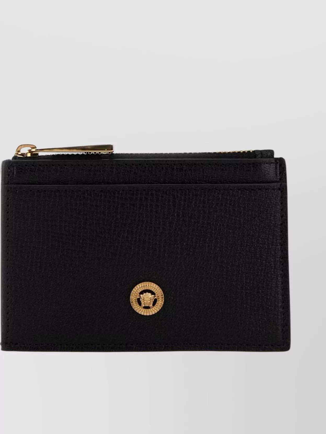 VERSACE Leather Card Holder Compact Design Gold-tone Hardware Product Image