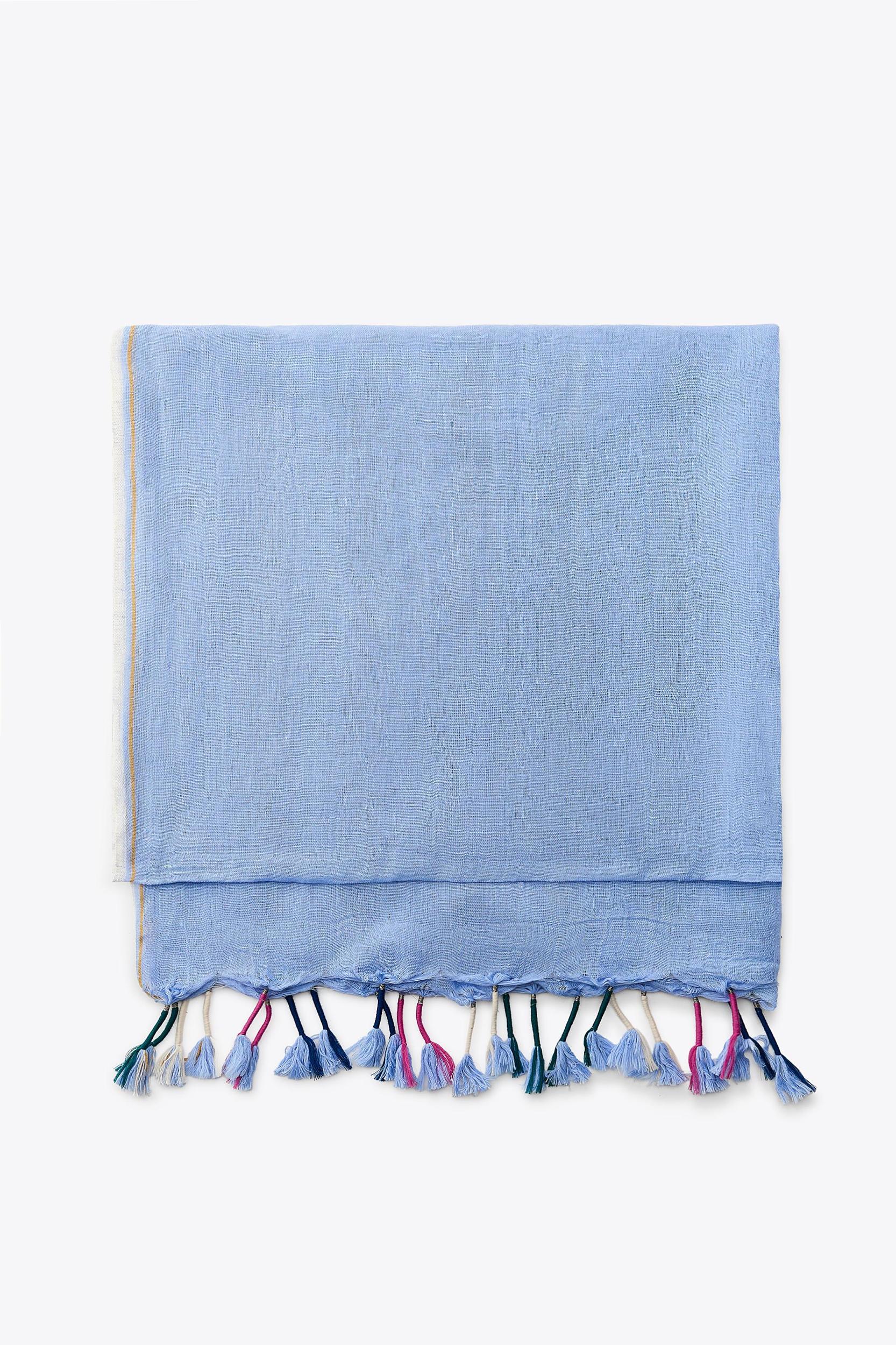 STRIPED LINEN SCARF WITH POM POMS Product Image
