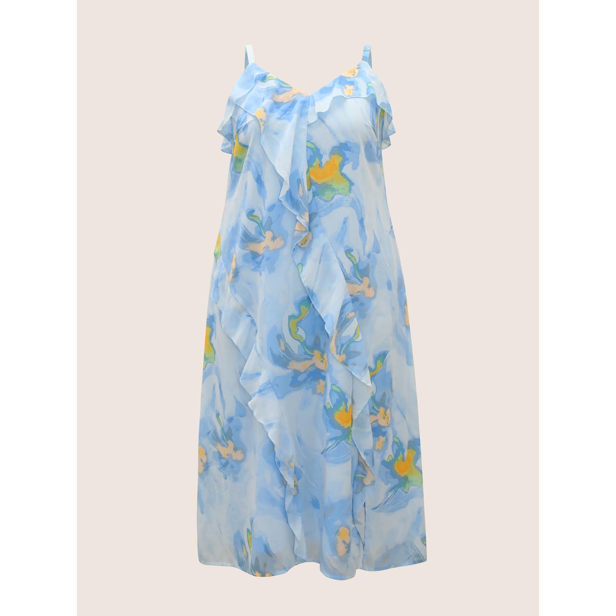 Plus Size Watercolor Floral Ruffle Trim Slit Hem Dress LightBlue Women Elegant Slit Non Sleeveless Curvy BloomChic 12/L Product Image