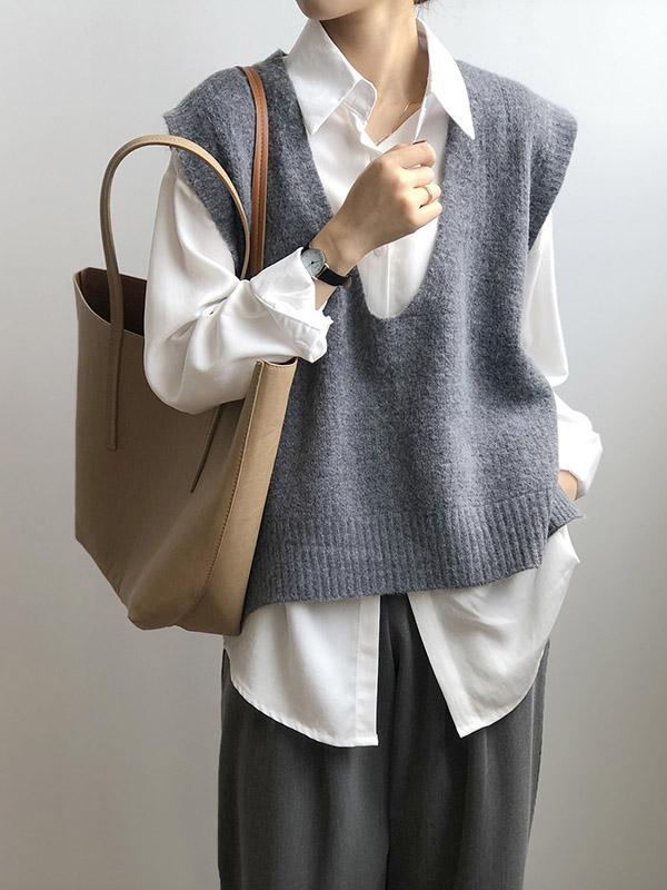 Knitting Irregularity Solid V-Neck Vest Product Image