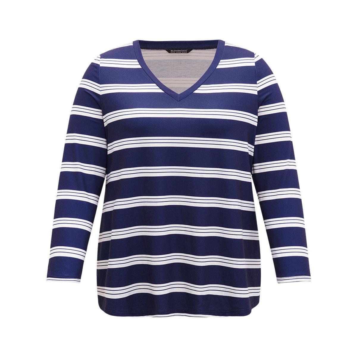 Plus Size Striped Print V Neck T-shirt DarkBlue Women Casual Printed Striped V-neck Dailywear T-shirts BloomChic 12/L Product Image