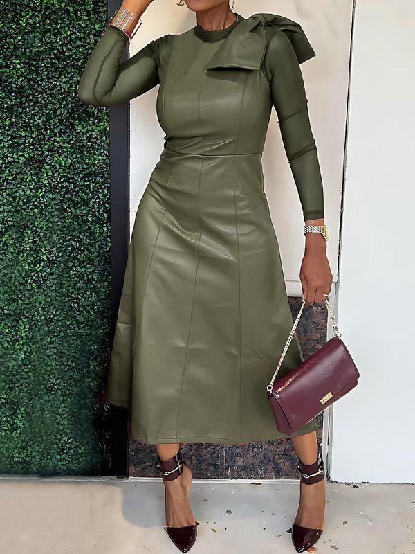 Long Sleeves Solid Color Split-Joint Round-Neck Inner Shirts + A-Line Bowknot Midi Dresses Two Pieces Set Product Image