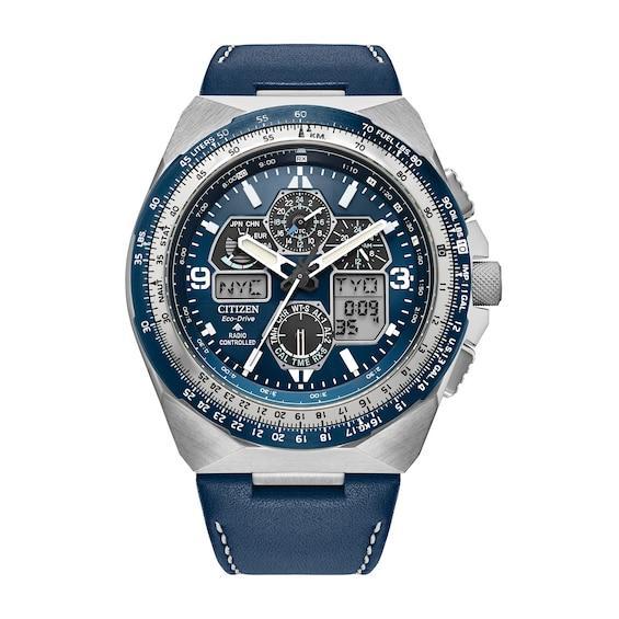 Citizen Mens Blue Leather Strap Eco-Drive Water Resistance 200 Stainless Steel Watch Product Image