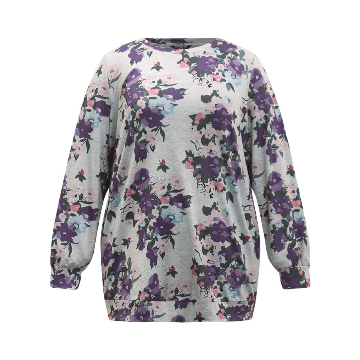Plus Size Floral Print Pocket Sweatshirt Women DimGray Casual Printed Round Neck Dailywear Sweatshirts BloomChic 10/M Product Image