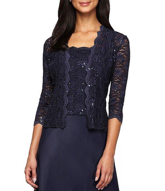 Alex Evenings Sequin Embellished Floral Lace Square Neck A-Line 3/4 Sleeve Satin 2-Piece Jacket Gown Product Image