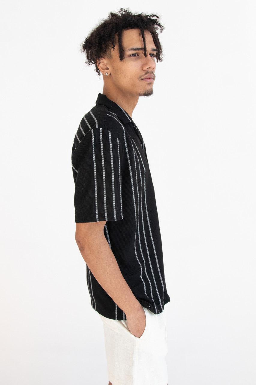 Ribbed White Stripe Black Button Up Shirt Product Image