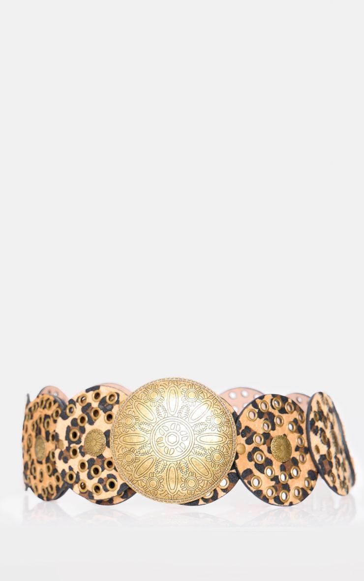 Leopard Faux Suede Studded Buckle Shield Belt Product Image