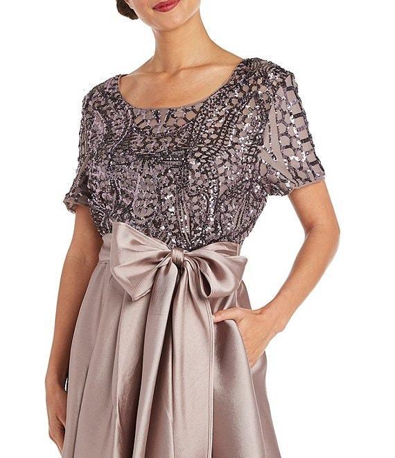 R & M Richards Scoop Neck Short Sleeve Embroidered Sequin High-Low Gown Product Image