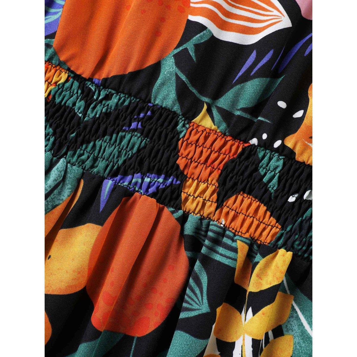 Plus Size Tropical Floral Print Shirred Pockets Midi Dress Black Women V-neck Short sleeve Curvy BloomChic 28/5X Product Image