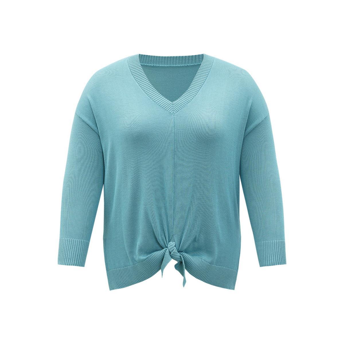 Plus Size Supersoft Essentials Bowknot Front Split Side Pullover Cerulean Women Casual Loose Long Sleeve V-neck Dailywear Pullovers BloomChic 22-24/3X Product Image