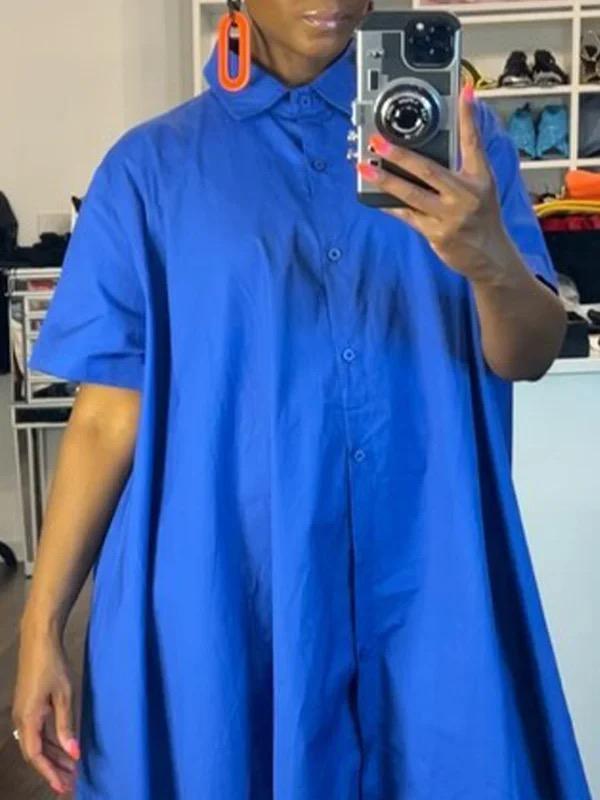 Half Sleeves Loose Buttoned Elasticity Pockets Solid Color Lapel Jumpsuits Product Image