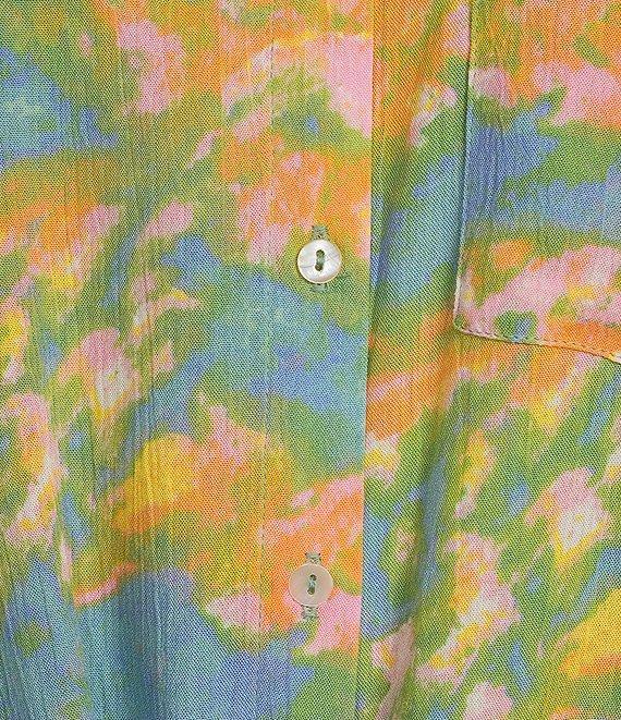 Intro Crinkle Gauze Printed Point Collar 3/4 Roll-Tab Sleeve Tie Front Hem Button Front Shirt Product Image