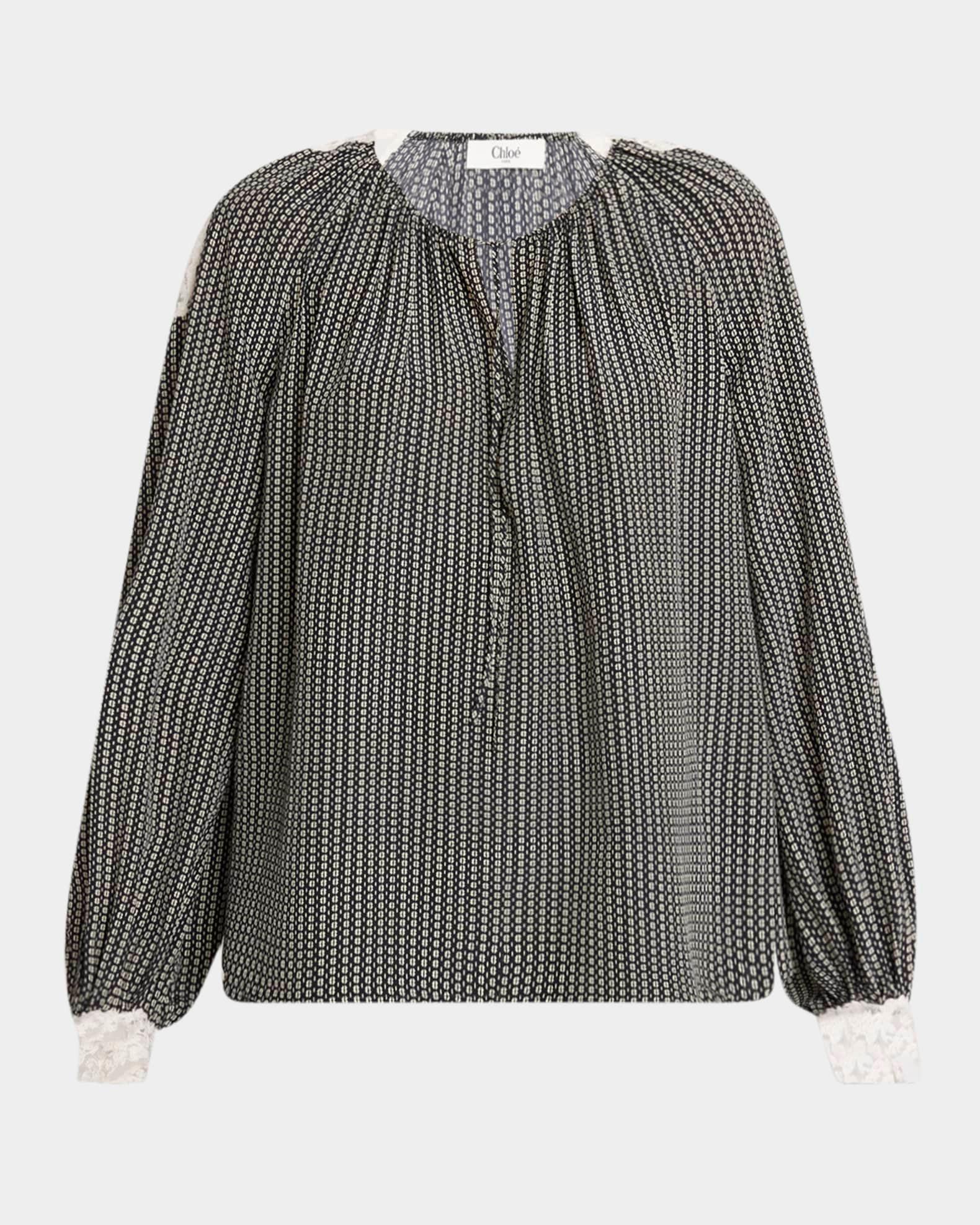 Micro Check Silk Long-Sleeve Blouse Product Image