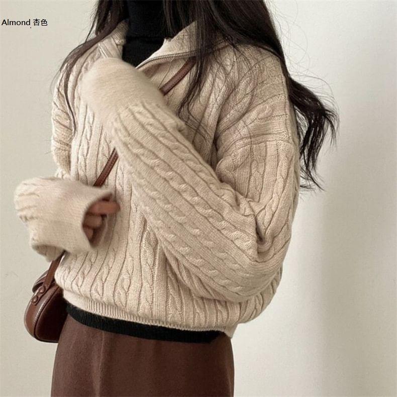 Half Zip Cable Knit Cropped Sweater Product Image