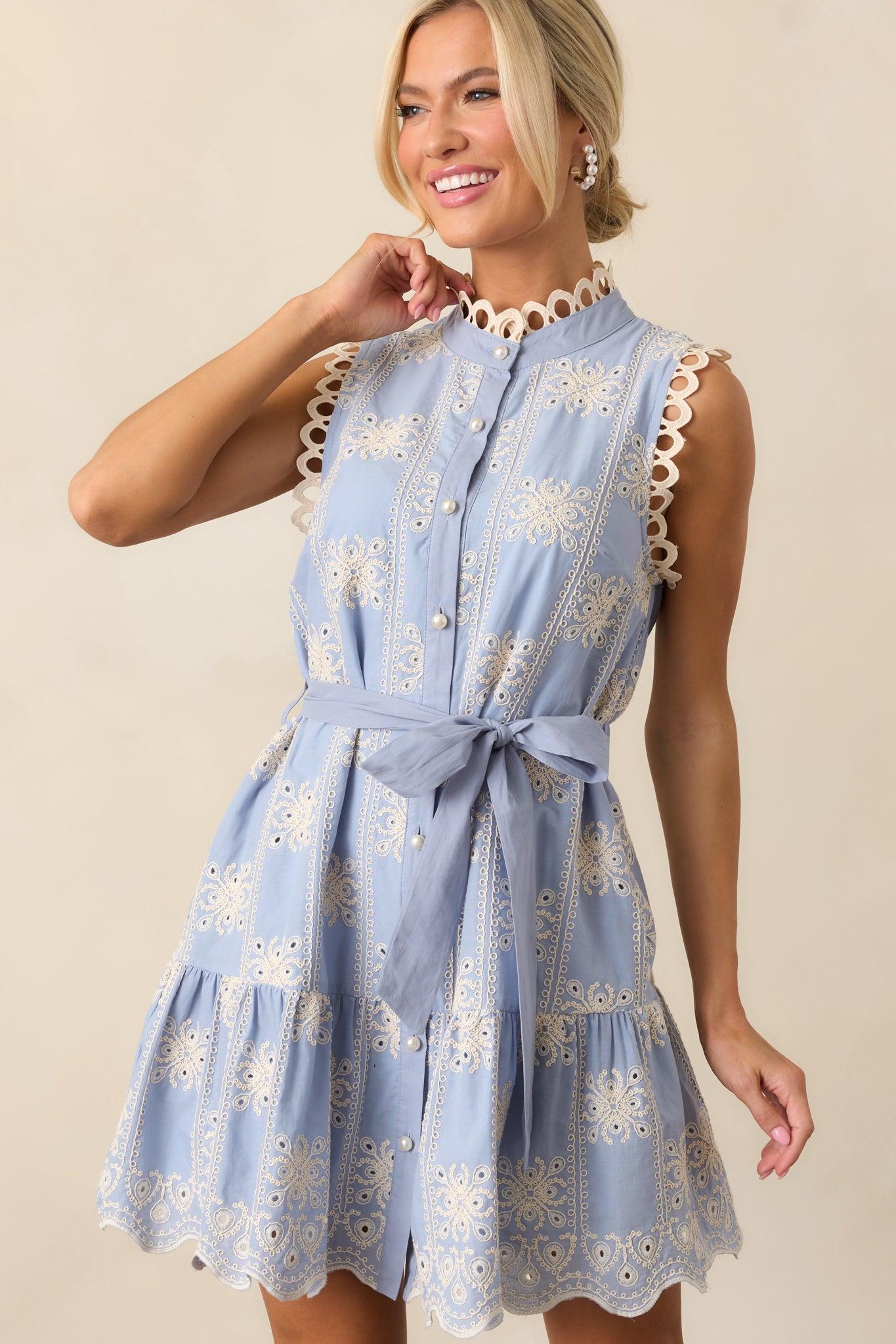 Through The Rain Cotton Sky Blue Embroidered Mini Dress Product Image