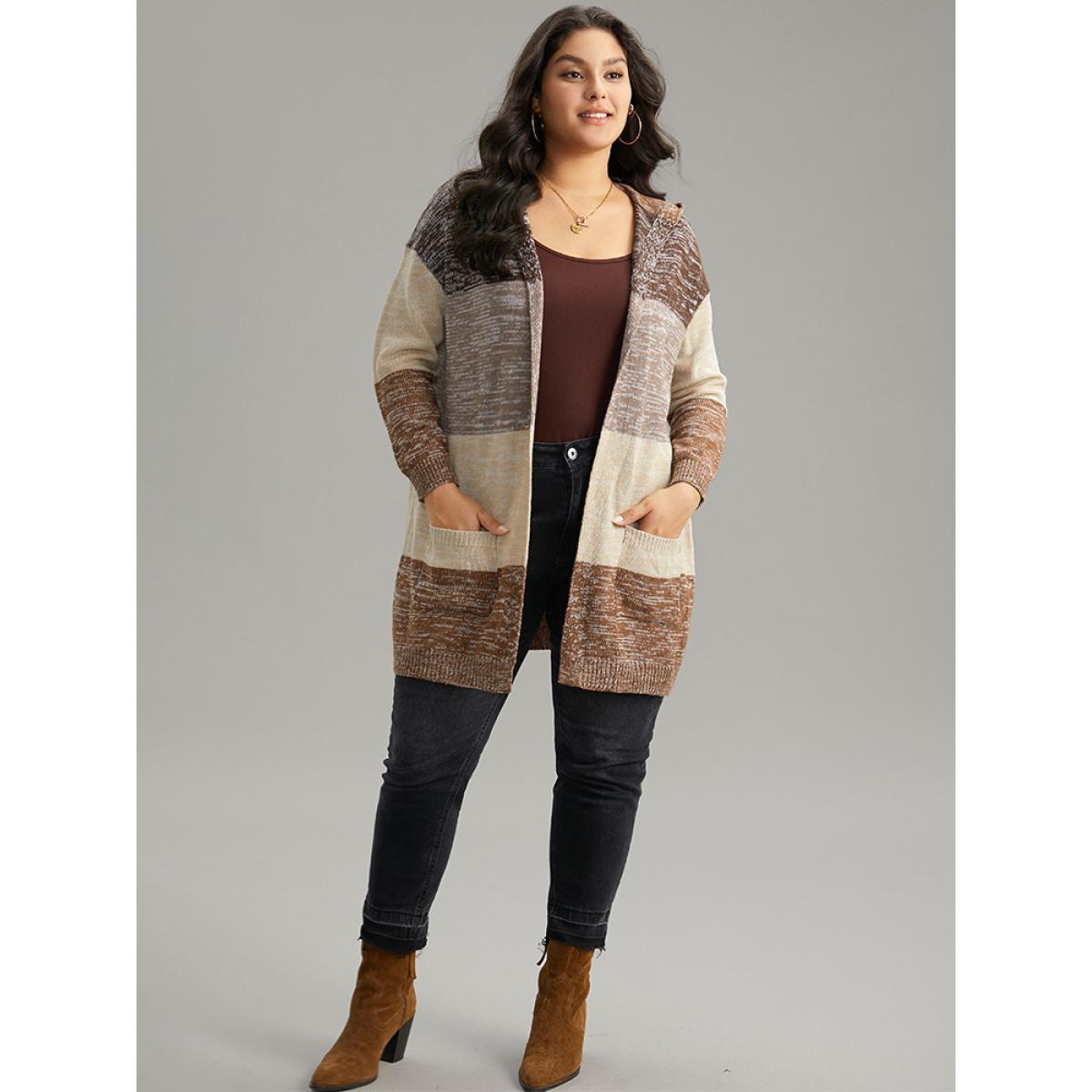 Plus Size Heather Colorblock Hooded Pocket Cardigan Multicolor Women Casual Loose Long Sleeve Dailywear Cardigans BloomChic 28/5X Product Image