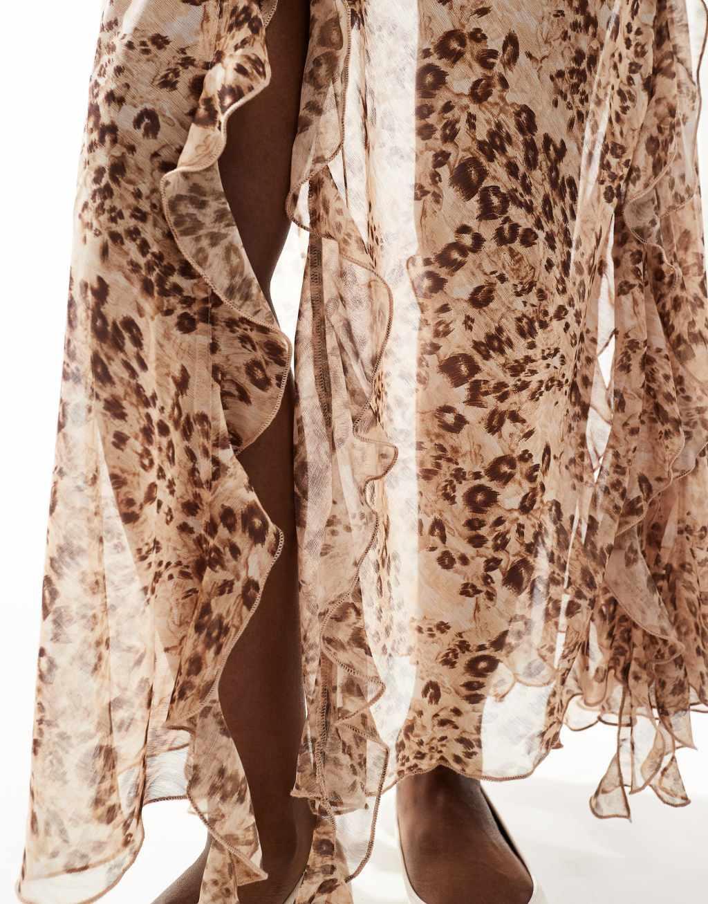 Miss Selfridge chiffon ruffle slit maxi skirt in animal print Product Image