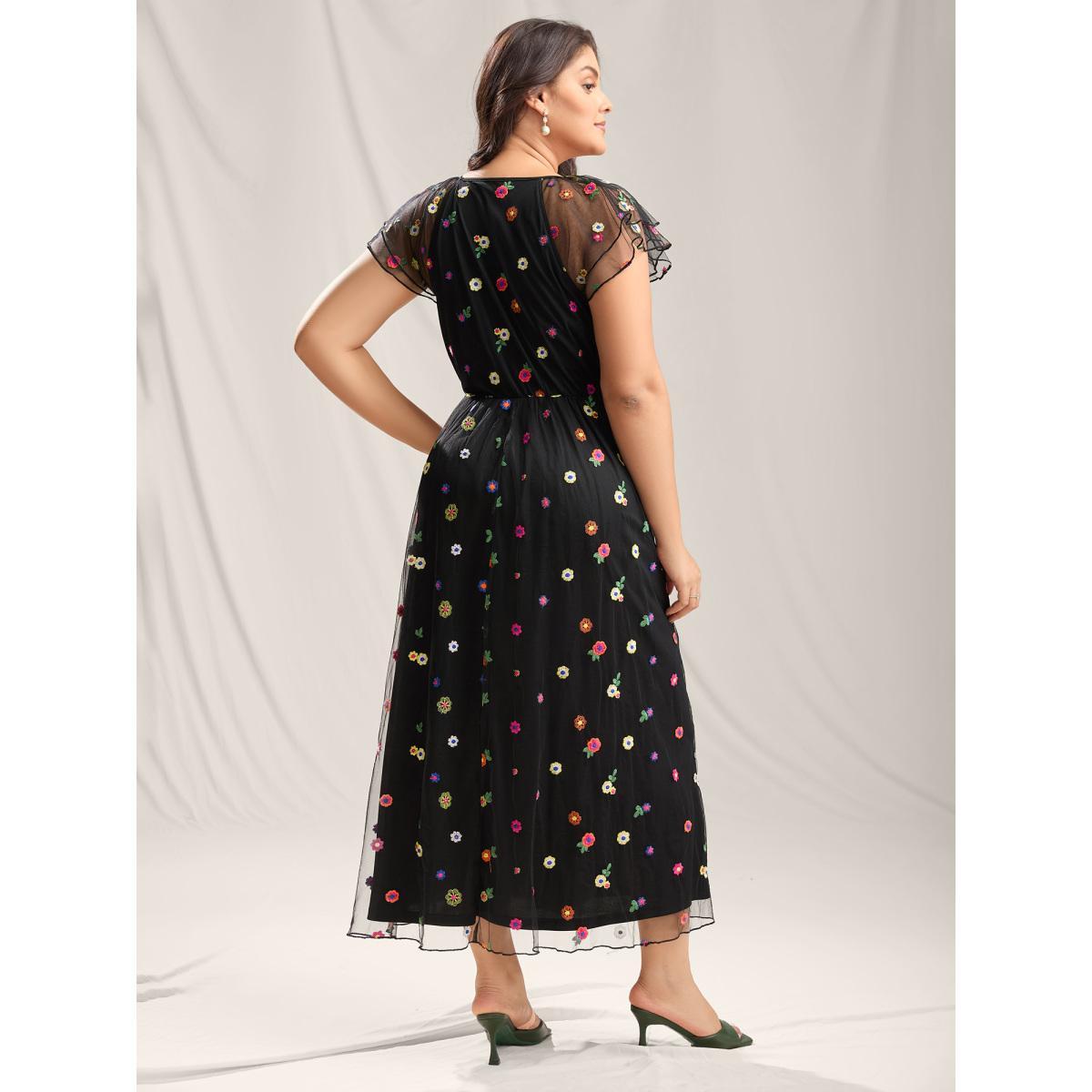 Plus Size Embroidered Colorful Dots Lined Midi Dress Black Women V-neck Cap Sleeve Curvy BloomChic 28/5X Product Image