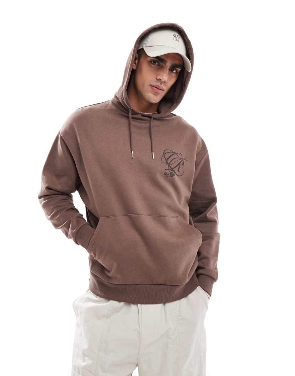 ASOS DESIGN oversized hoodie with print in brown Product Image