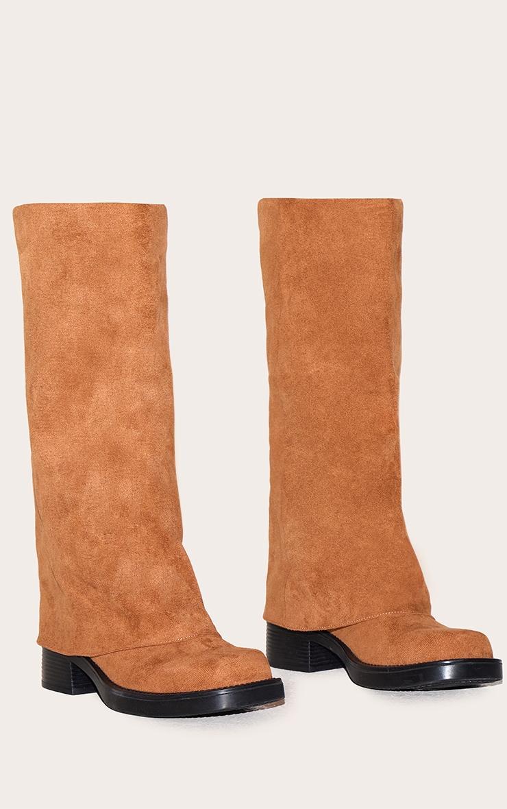 Camel Faux Suede Block Heeled Fold Over Knee High Boots Product Image