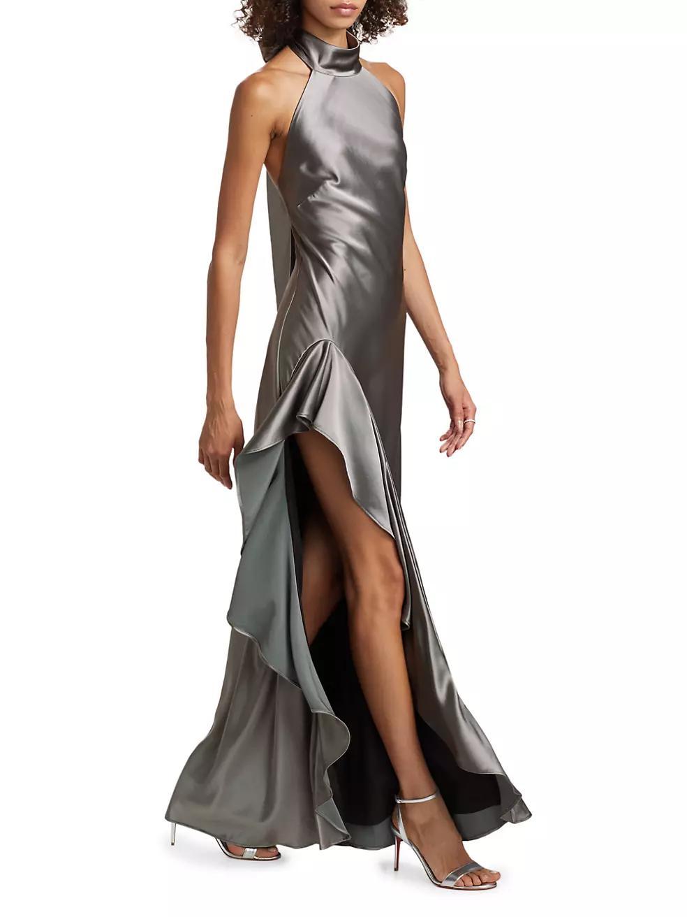 Satin Halter Draped Maxi Dress Product Image