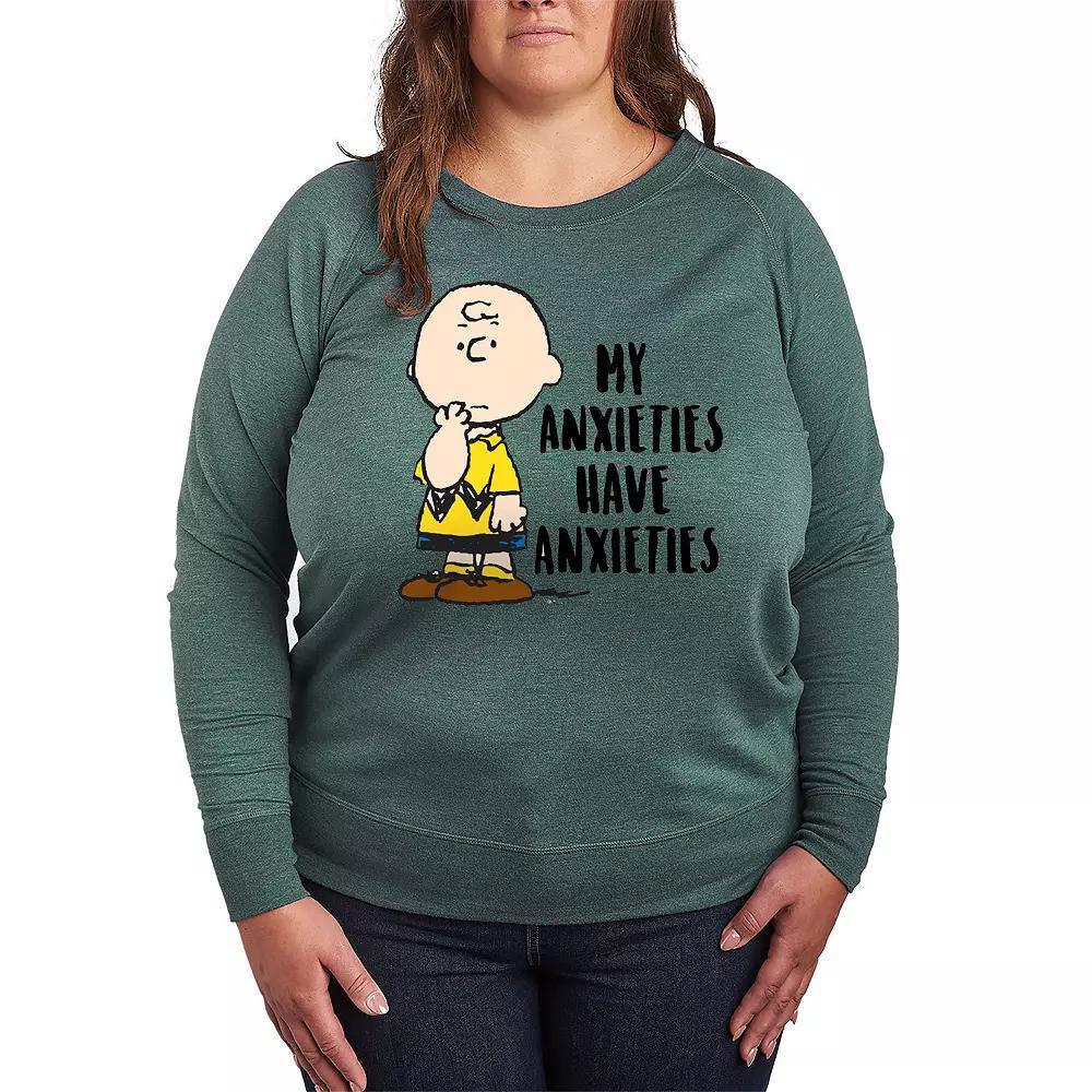 Plus Size Peanuts Charlie Brown Anxieties French Terry Long Sleeve Tee, Women's, Size: 3XL, Grey Green Product Image