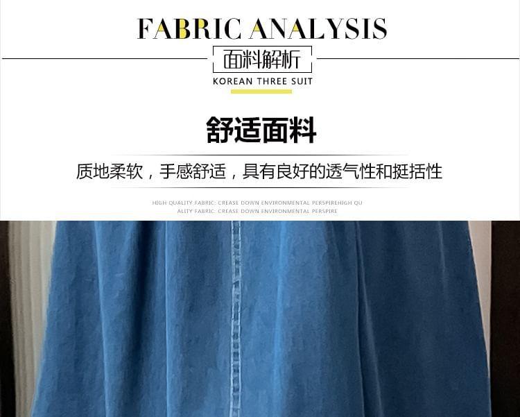 Puff Sleeve Collared Washed Button Midi A-Line Denim Dress Product Image